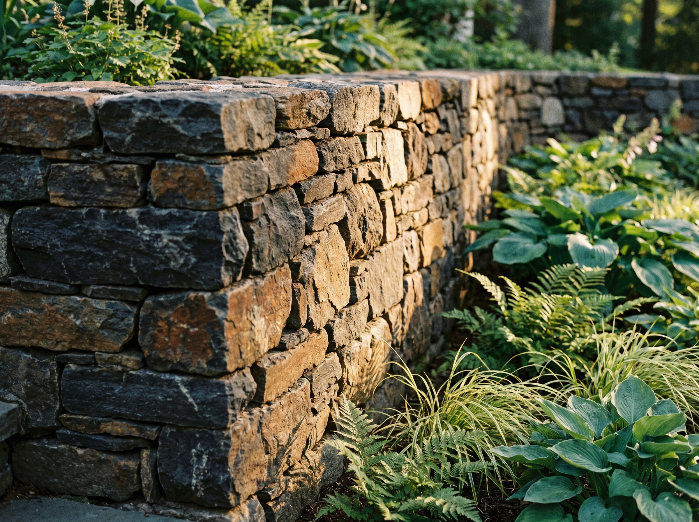 Hand-laid dry-stack stone retaining wall detail in a Raleigh garden
