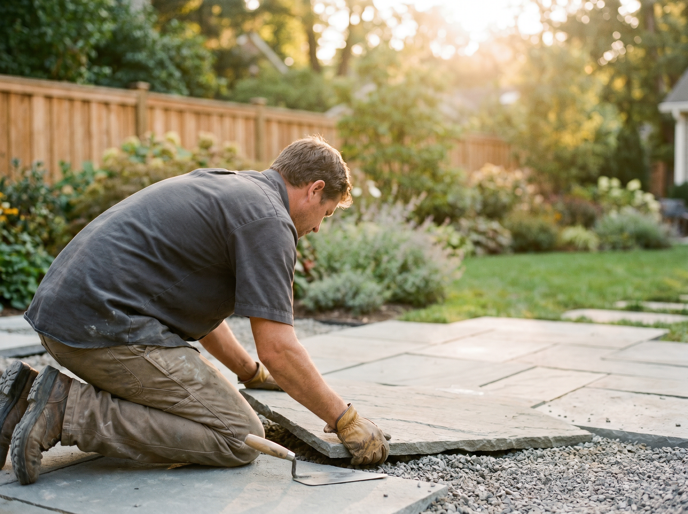 Chad Whittaker hand-setting bluestone on a backyard patio at golden hour