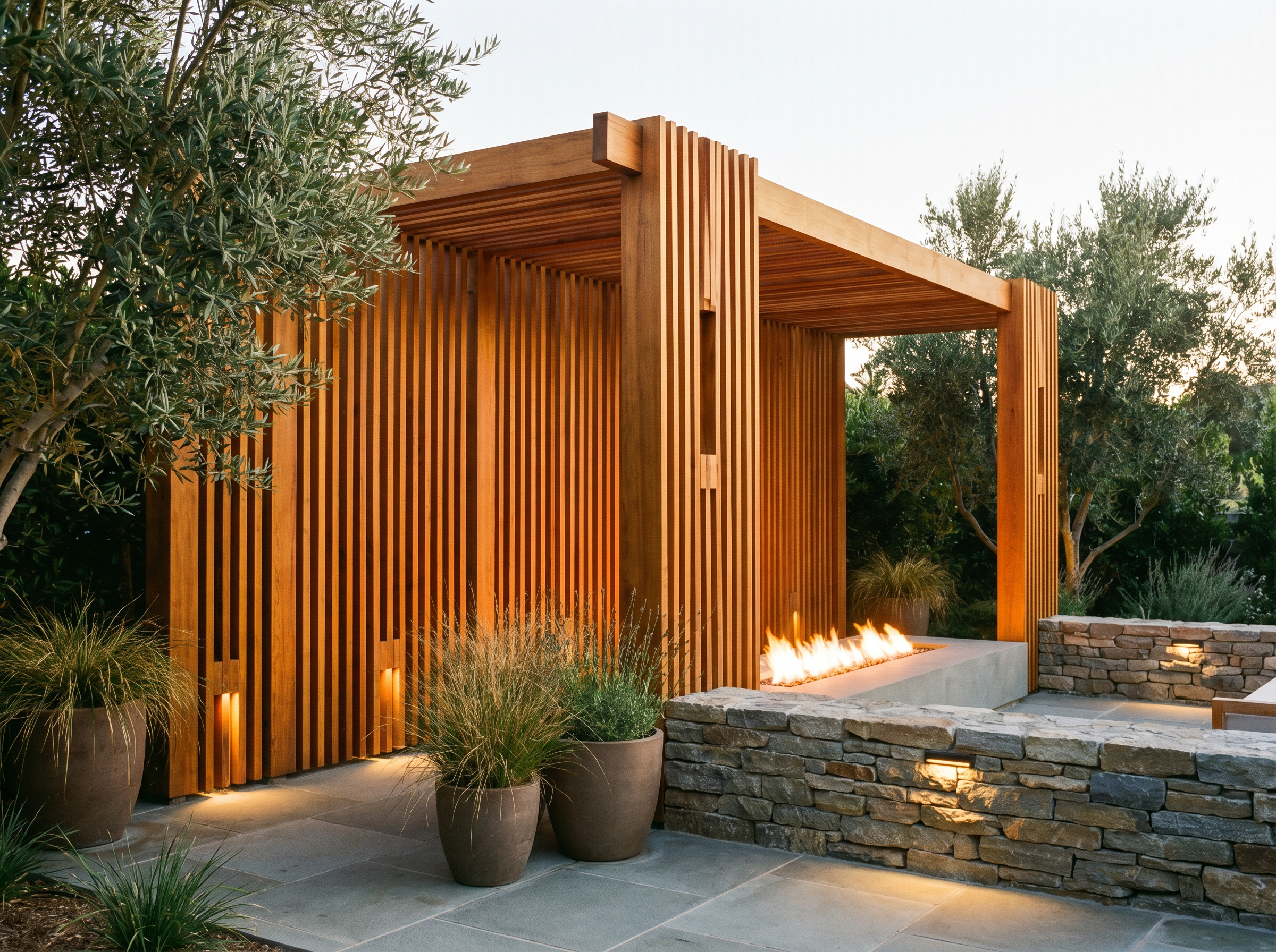 Custom Western Red Cedar pergola and privacy screen with bluestone patio at dusk