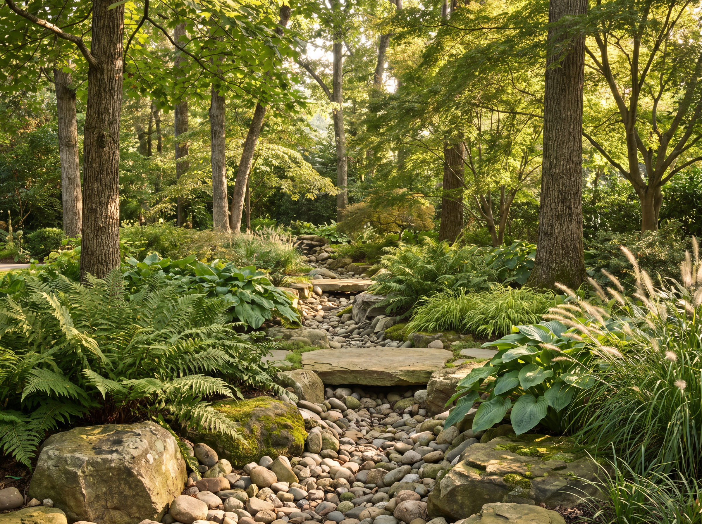 Stone-lined dry creek bed solving water on a sloped property