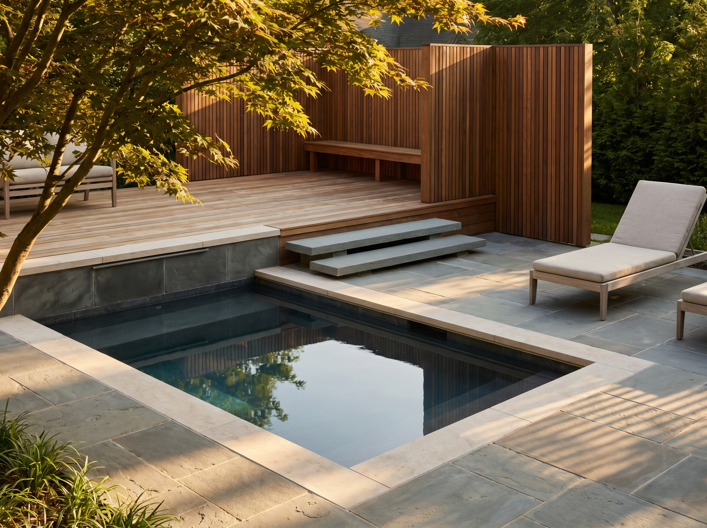 Modern plunge pool with cedar privacy wall and bluestone coping at dusk